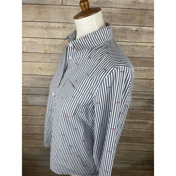 Banana Republic Small Quinn Boy Fit Button Up Striped Lip Print Blouse Blue Pink - Picture 5 of 11